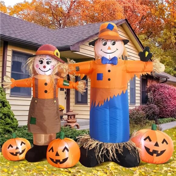 6ft Long Inflatable Scarecrow and Pumpkin with Built in LED Light Blow Up Decor